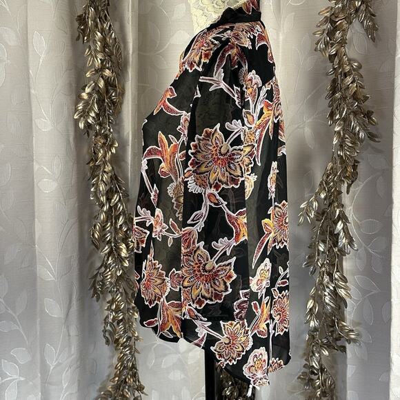 Liz Claiborne Black Floral Sheer Blouse M Faux‎ Wrap Career Top Chiffon Elegance - Picture 5 of 7